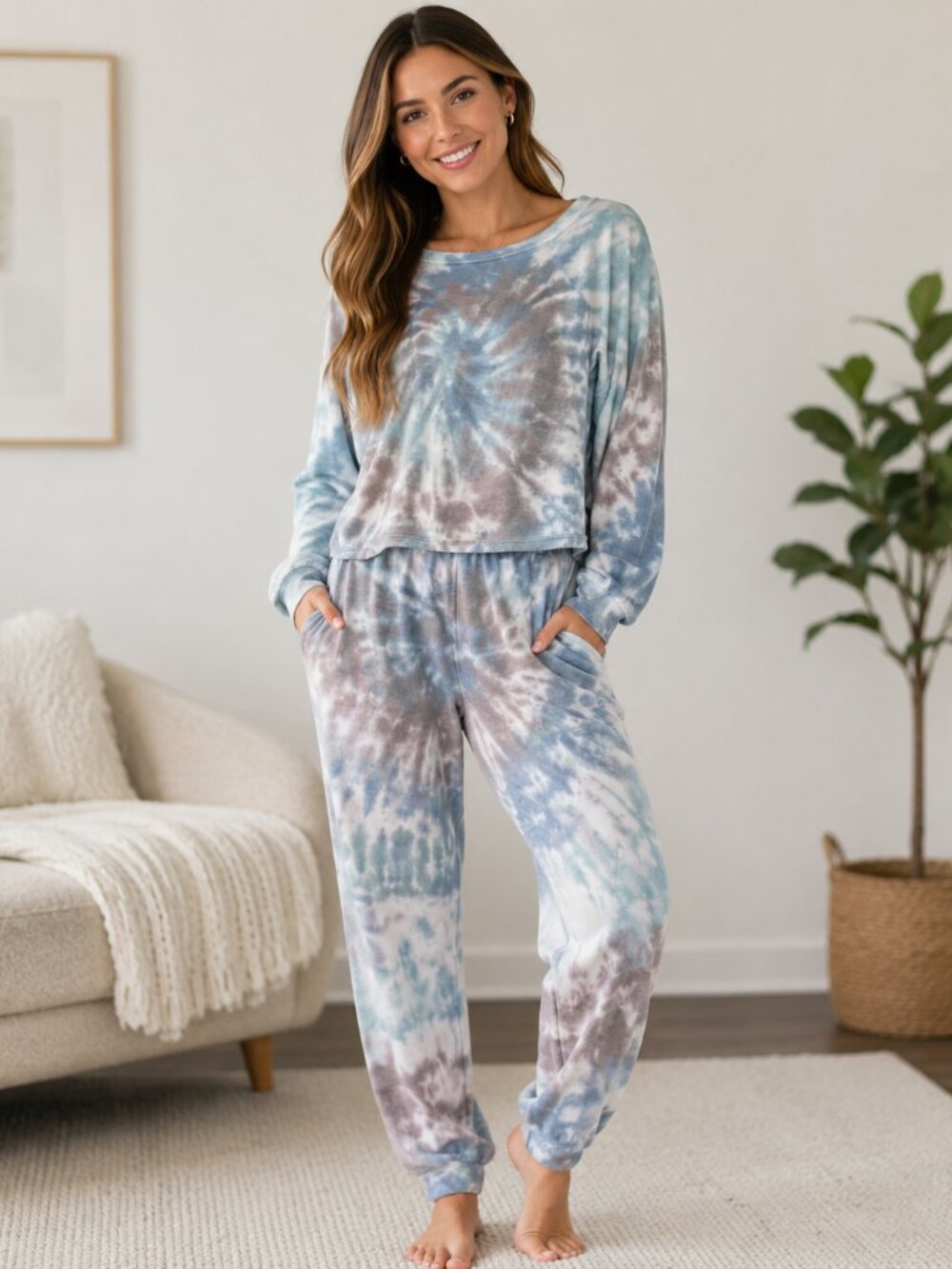 La Lavon Tie-Dye Lounge Set Women's Small Blue Tan Loose Fit NWT 2-Piece